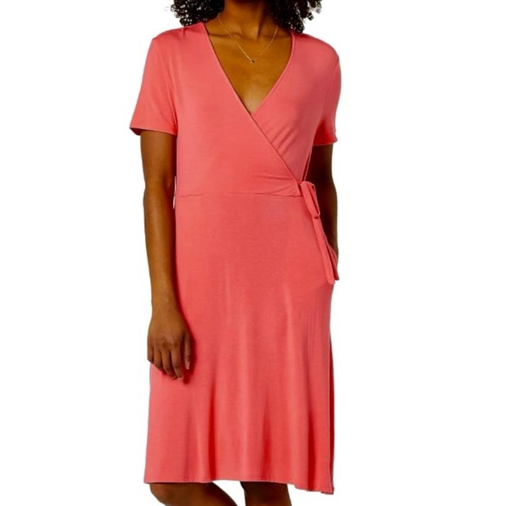 Essentials Faux Short Sleeve Midi Dress with Pockets, Medium, NWT, Coral Pink